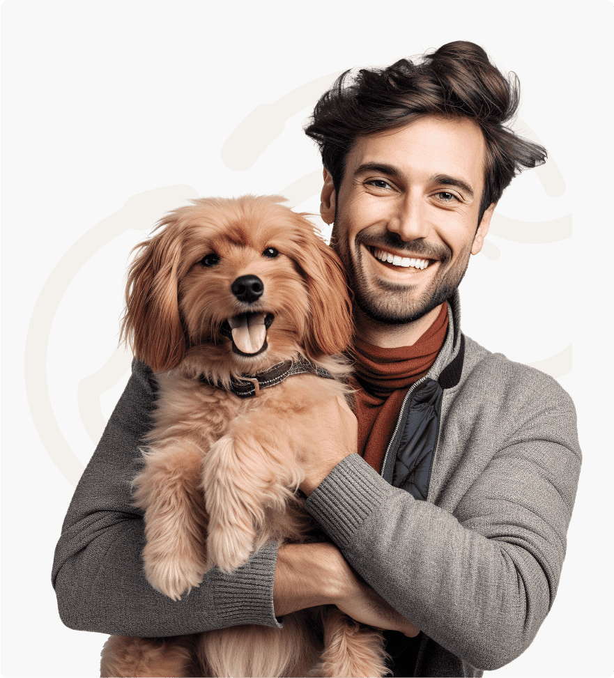 Happy man holding a dog